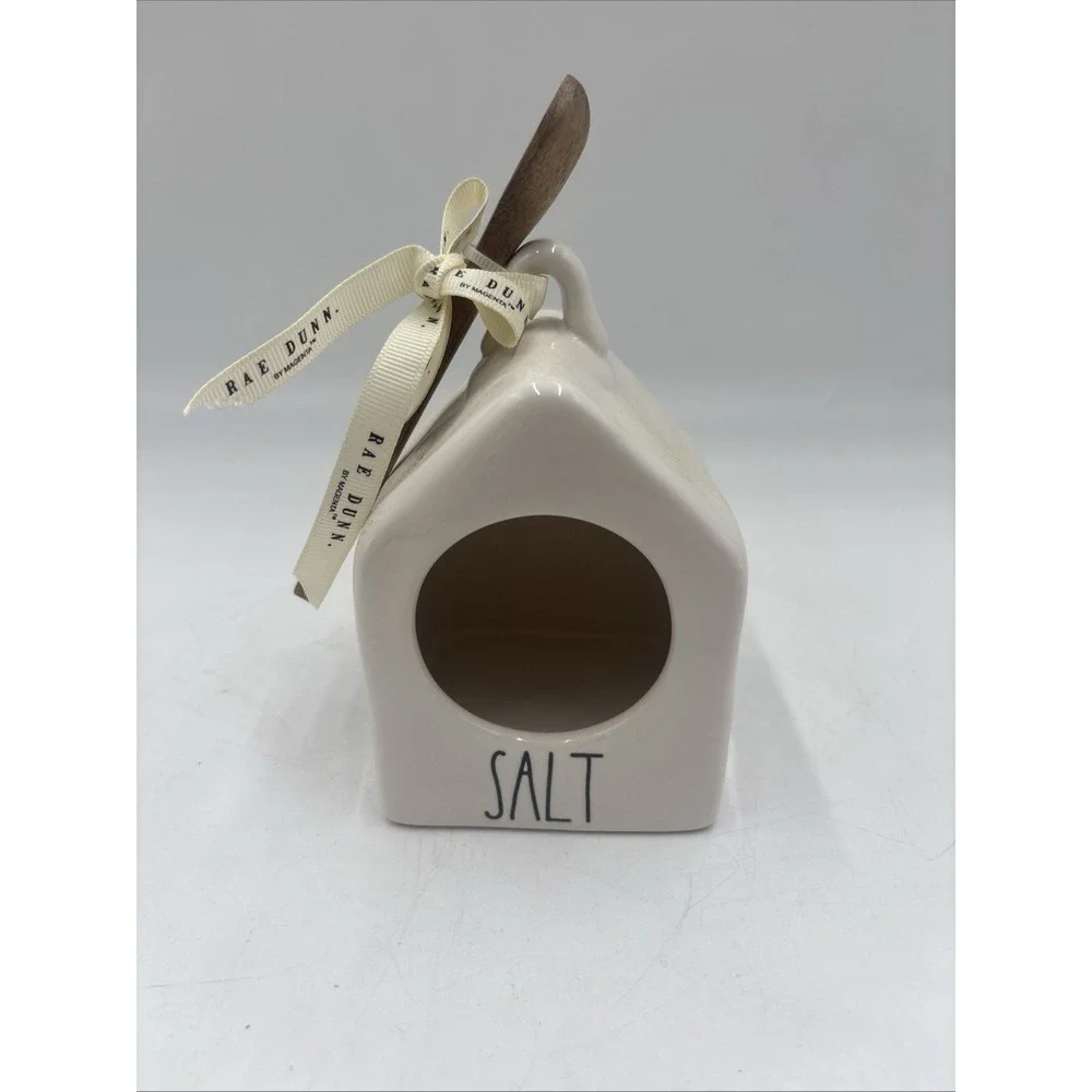 Rae Dunn Salt Pig Cellar with Wooden Spoon Birdhouse Shape
